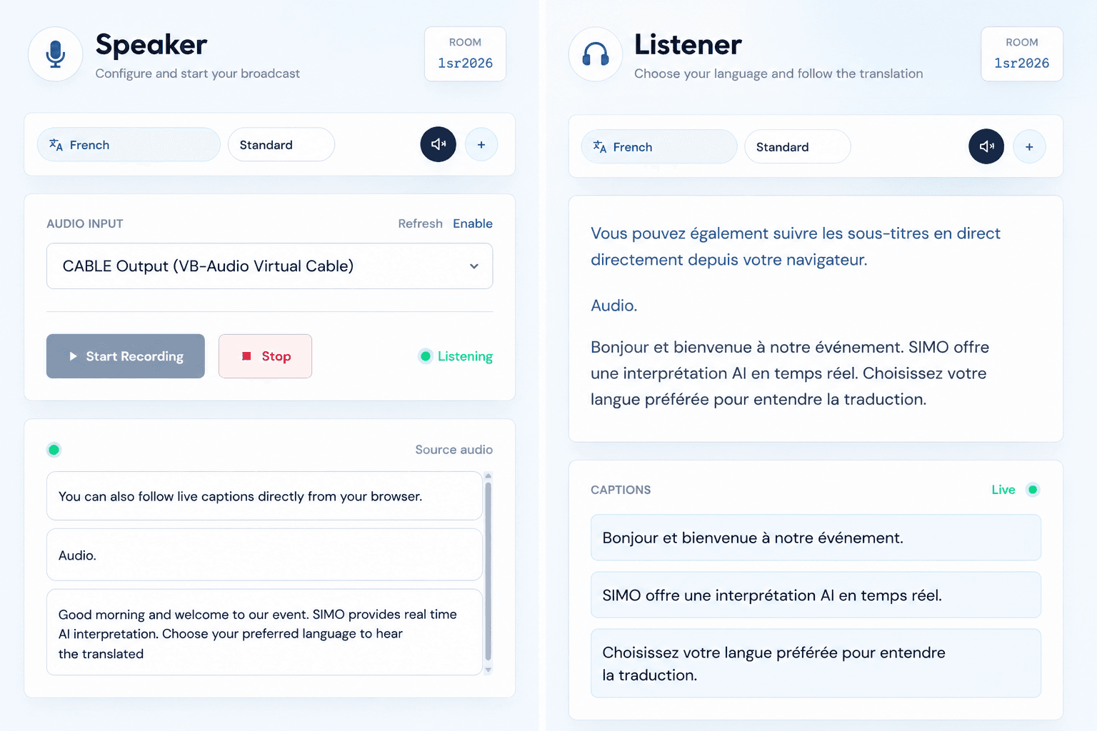 SIMO Speaker and Listener interfaces shown side by side