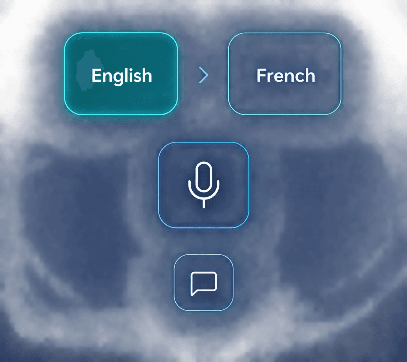 Concept de la première interface Canoë montrant la traduction anglais-français, le microphone et les commandes de clavardage